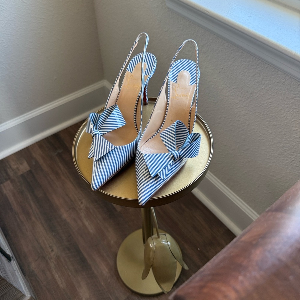 Christian Louboutin Blue/White Striped Bow Slingback Heels AUTHENTIC sz 37 (6/7) - Picture 11 of 11